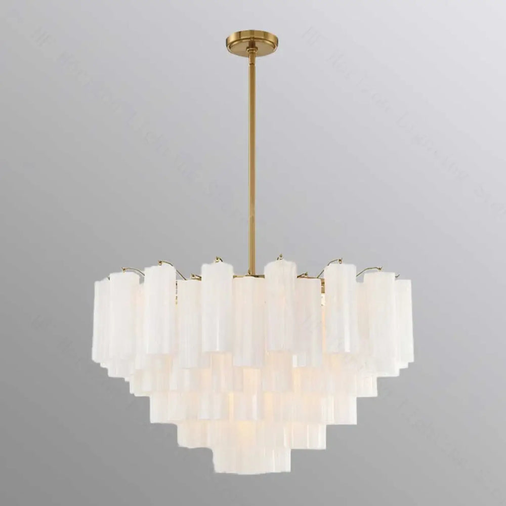 Suspension luminaire rosila avec cylindres de verre blanc translucide en cascade en forme de cœur et tige finition laiton