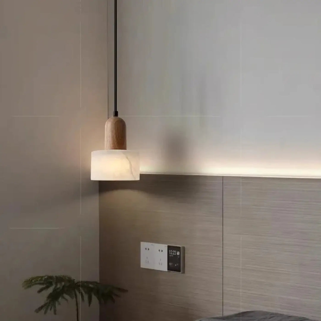 Suspension luminaire contemporain en marbre et en bois naturel