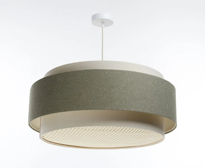 Suspension luminaire doblo boho elegant à deux étages avec abat-jour en tissu vert sauge texturé et base en maille crème