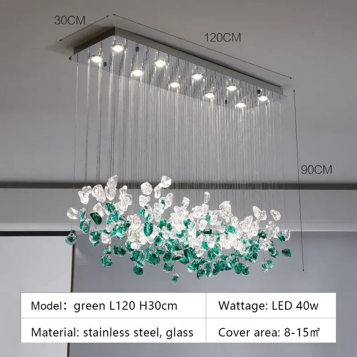 Suspension luminaire en cristal vert et transparent au style raffiné