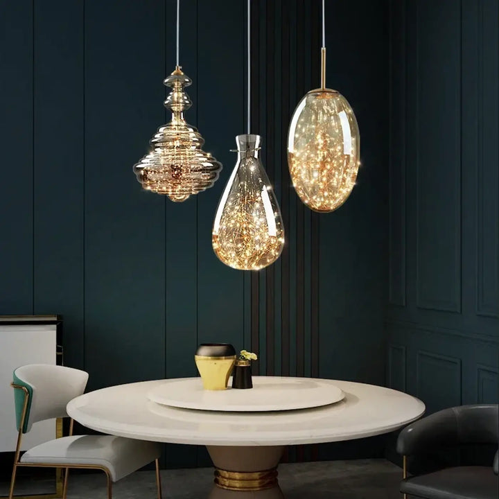 Suspension cuivre et verre moderne doré style contemporain