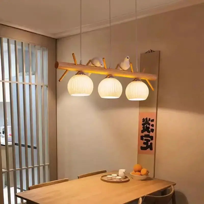 Suspension luminaire décorative oiseaux style nature en bois clair