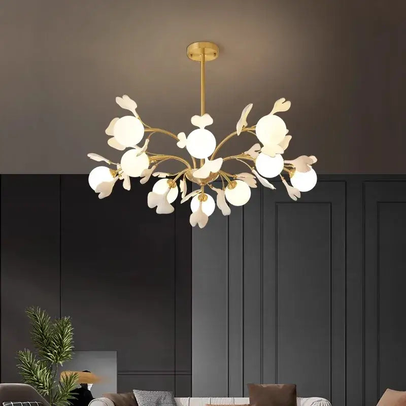 Suspension design floral en métal style blanc doré