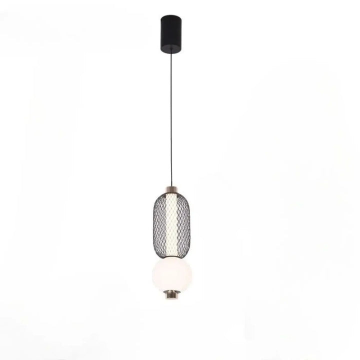 Suspension luminaire vaka avec montage au plafond cylindrique noir, corde fine, abat-jour en maille et globe en verre dépoli