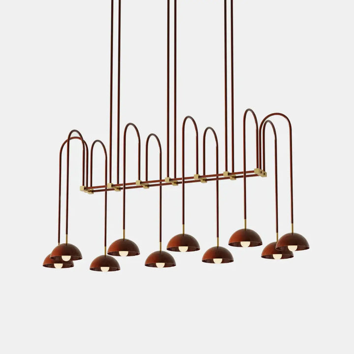Suspension luminaire rumia en bronze et laiton avec bras arqués et abat-jour semi-sphériques pour un design moderne