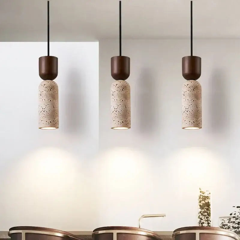 Suspension luminaire design en pierre naturelle et bois