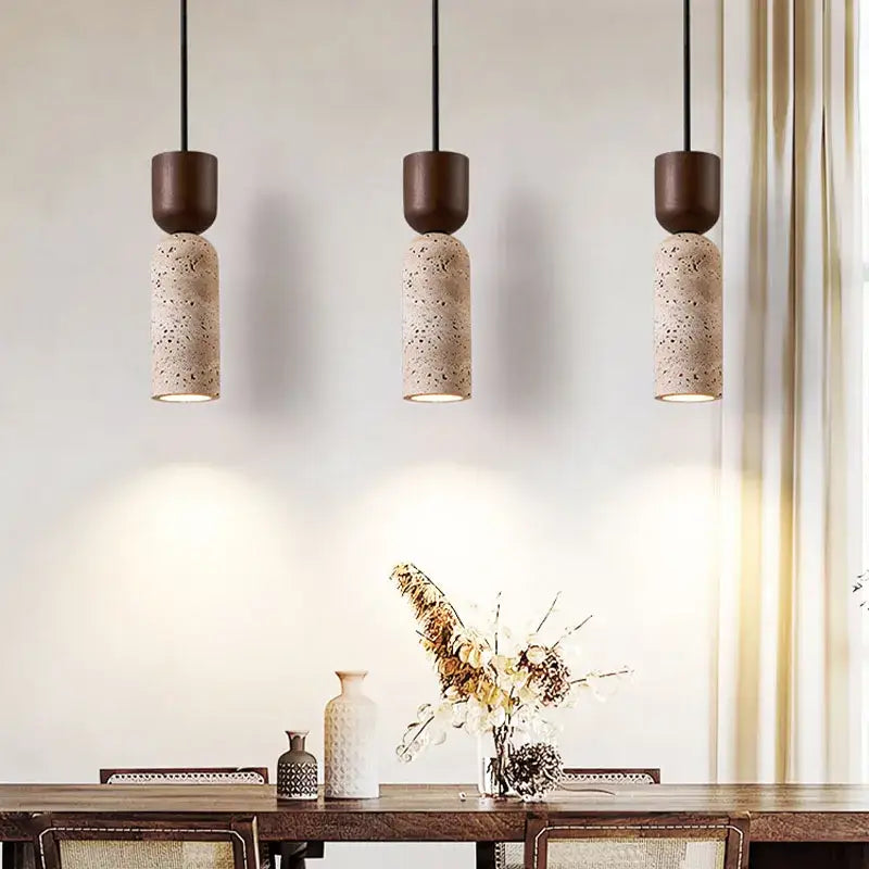 Suspension luminaire design en pierre naturelle et bois