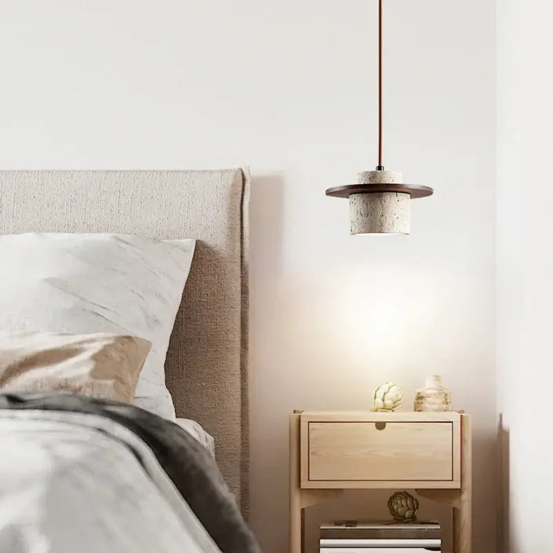 Suspension luminaire design en pierre travertin beige ou marron