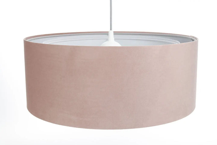 Suspension luminaire duo jasmin avec abat-jour cylindrique design rose poudré en tissu mat et doublure blanche intérieure