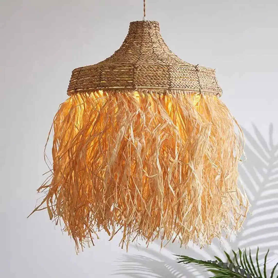Suspension luminaire en paille naturelle tissée avec franges dorées et sommet tressé pour lampes suspendues