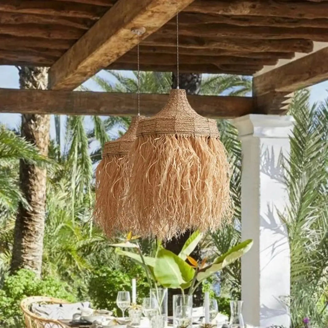Suspension luminaire crinys en rattan naturel tressé avec finition texturée à franges pour lampes suspendues