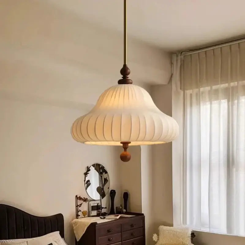 Suspension design en tissu et bois naturel blanc chic