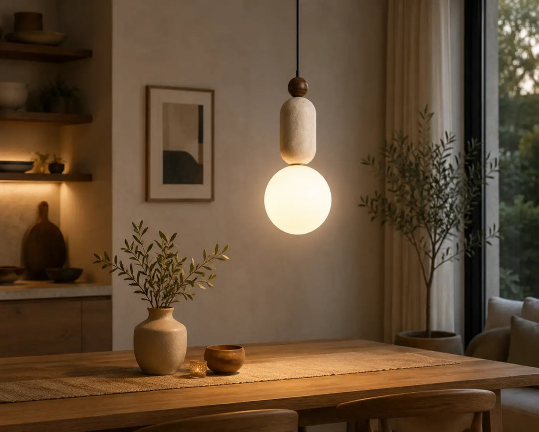 Suspension luminaire sora avec verre opalin sphérique chaud et éléments en pierre texturée beige mat