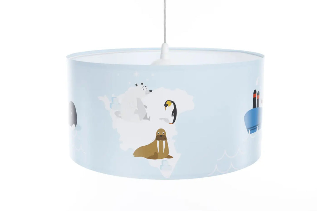 Suspension luminaire sweet dreams photo bleu clair avec abat-jour cylindrique blanc décoré d’animaux polaires cartoon