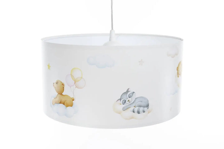 Suspension luminaire blanc avec abat-jour cylindrique illustré dours tan et raton laveur gris pour chambre enfant