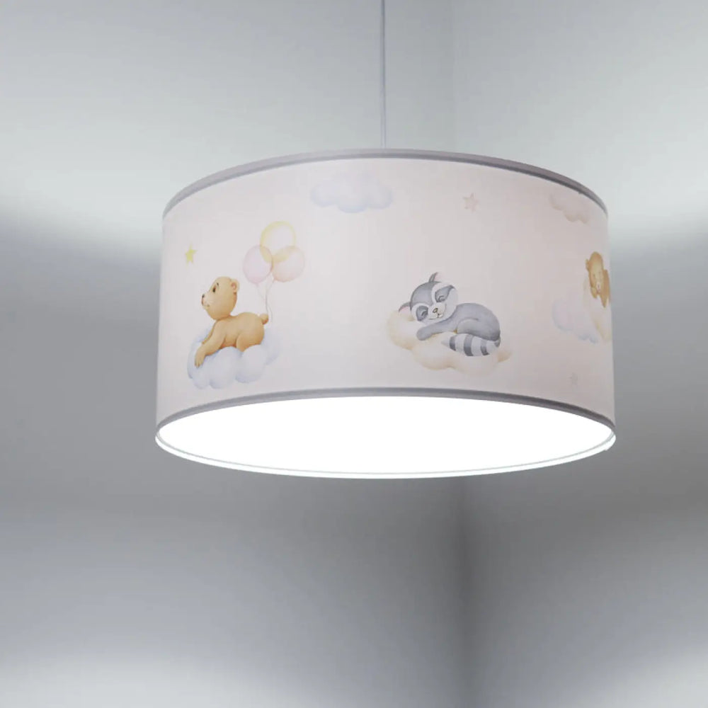 Suspension luminaire sweet dreams cylindre en tissu blanc avec illustrations pastel douces danimals