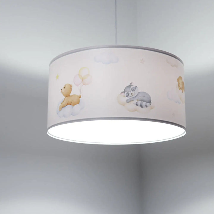 Suspension luminaire sweet dreams cylindre en tissu blanc avec illustrations pastel douces danimals