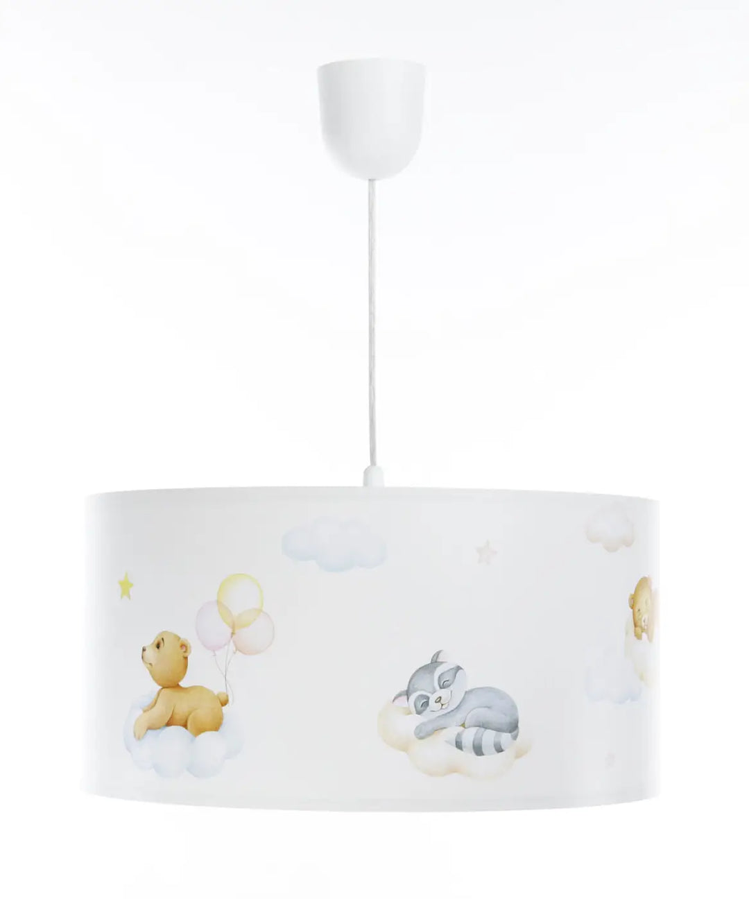 Suspension luminaire blanc avec illustrations pastel dourson et raton laveur endormi sur des nuages doux