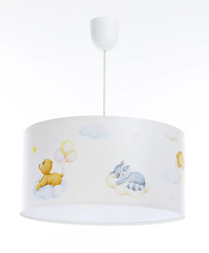 Suspension luminaire white with soft watercolor illustrations of a yellow bear and gray raccoon on clouds