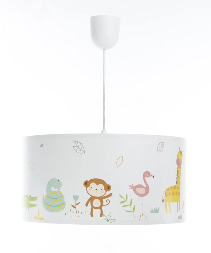 Suspension luminaire enfant blanche avec abat-jour cylindrique décor jungle pastel incluant singe girafe et flamant rose
