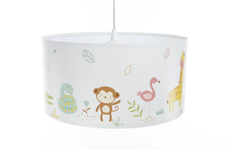 Suspension luminaire enfant blanc vert clair avec abat-jour cylindrique et motif jungle pastel avec singe flamant girafe