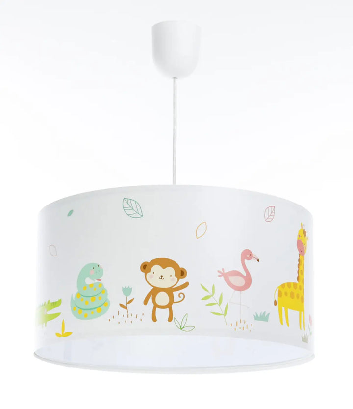 Suspension luminaire enfant blanc vert clair avec motif animalier jungle pastel pour chambre d’enfant