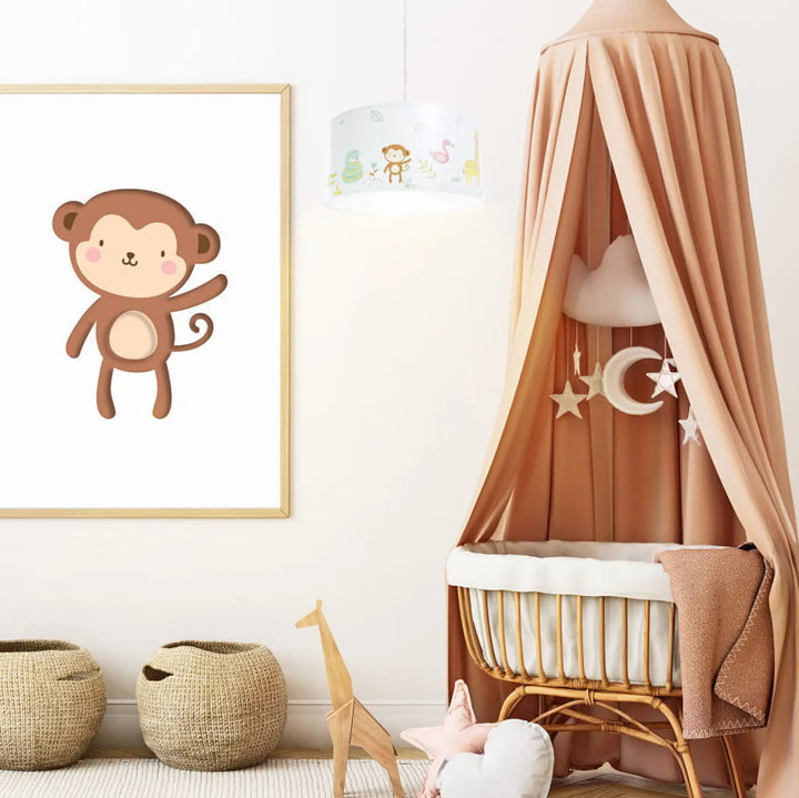 Lit à baldaquin pêche doux avec cadre en bois et suspension luminaire enfant à décor céleste blanc vert clair