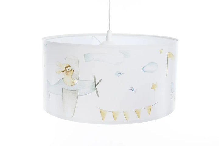 Suspension luminaire enfant blanche cylindrique avec illustrations douces renard avion nuages étoiles et accents dorés