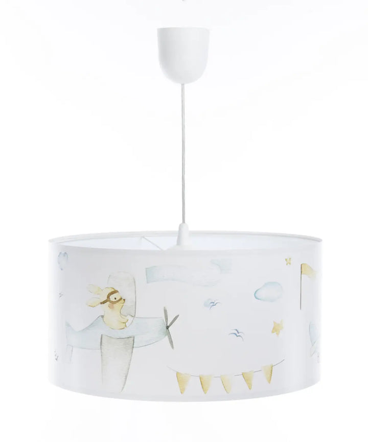 Suspension luminaire enfant blanche avec illustration fantaisiste de lapin en avion et accents dorés en blanc et bleu pastel