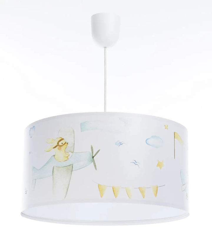 Suspension luminaire enfant blanche cylindrique avec illustration d’un lapin pilote jaune en salopette bleue et étoiles dorées