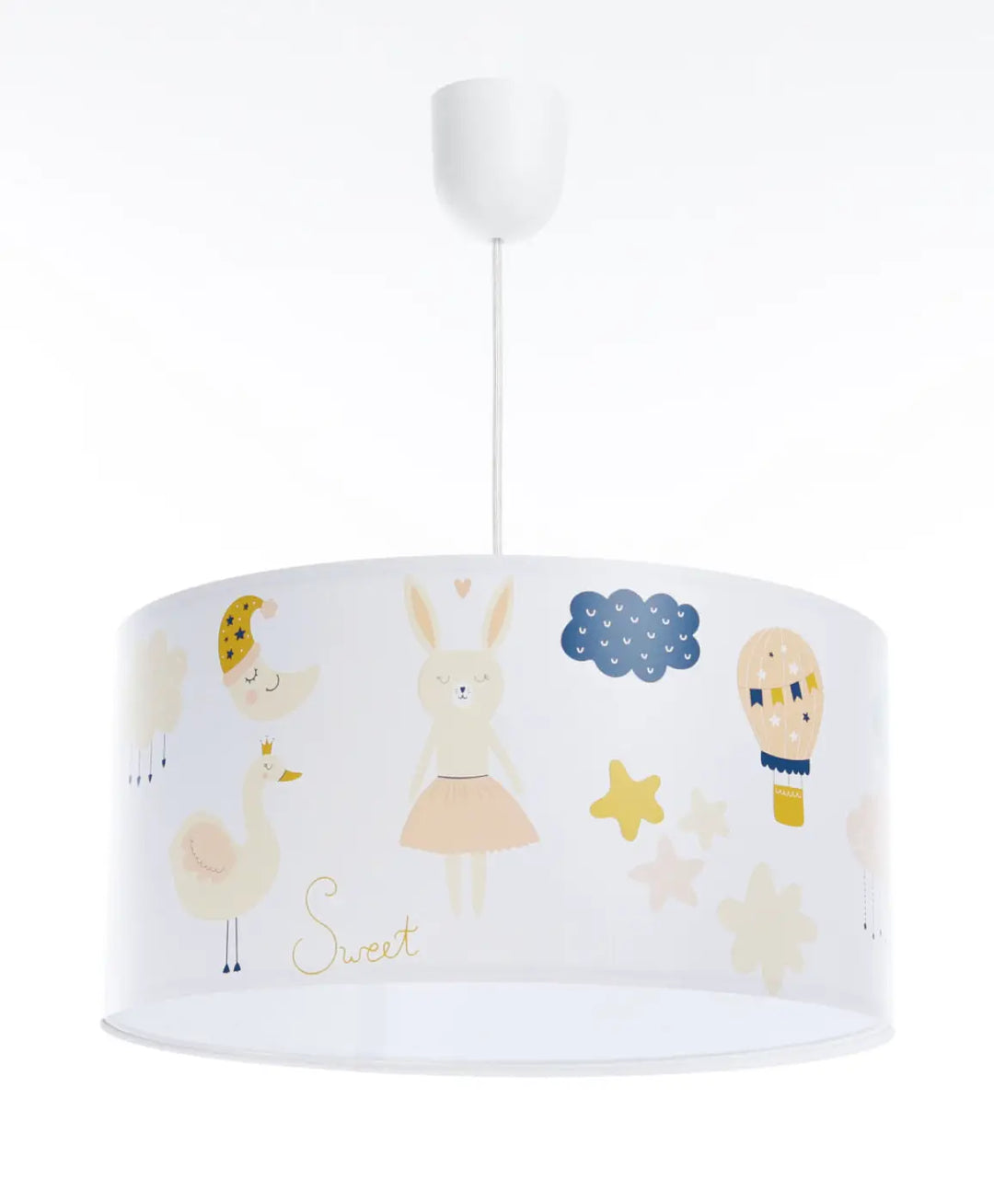 Suspension luminaire enfant blanc avec abat-jour cylindrique décor lapin rêveur pastel étoiles et accessoires décoratifs
