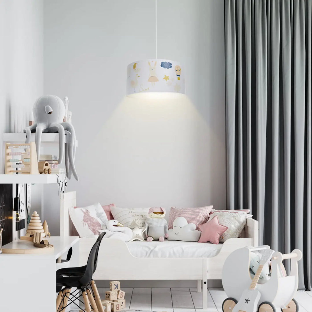 Suspension luminaire enfant blanc avec tissu illustré lapin rêveur et étoiles accessoires décoratifs doux éclairage