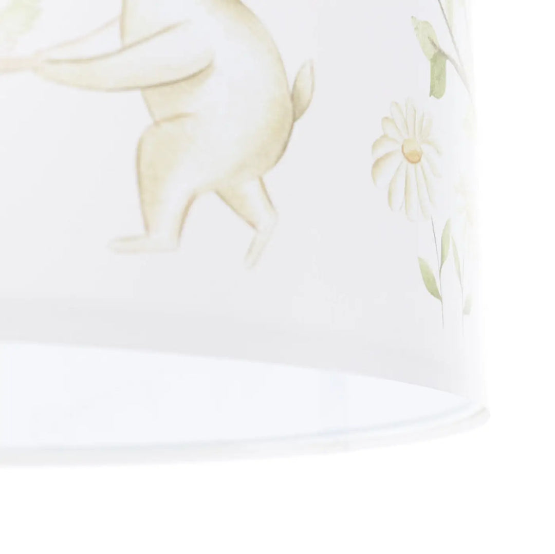 Suspension luminaire enfant blanc avec illustration fine de lapin crème et marguerites pour chambre enfant