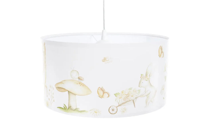 Suspension luminaire enfant blanc avec abat-jour cylindrique illustré de champignons papillons et cerf doux tones