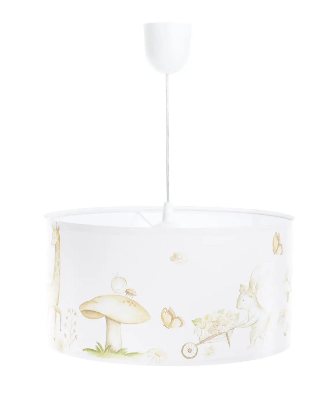 Suspension luminaire enfant blanc avec abat-jour cylindrique illustré de champignons papillons en tons beige vert