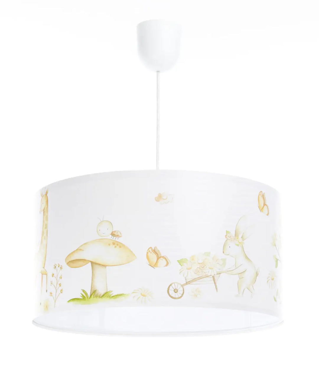 Suspension luminaire blanc avec illustration enfantine de champignons et papillons en tons jaune et vert doux