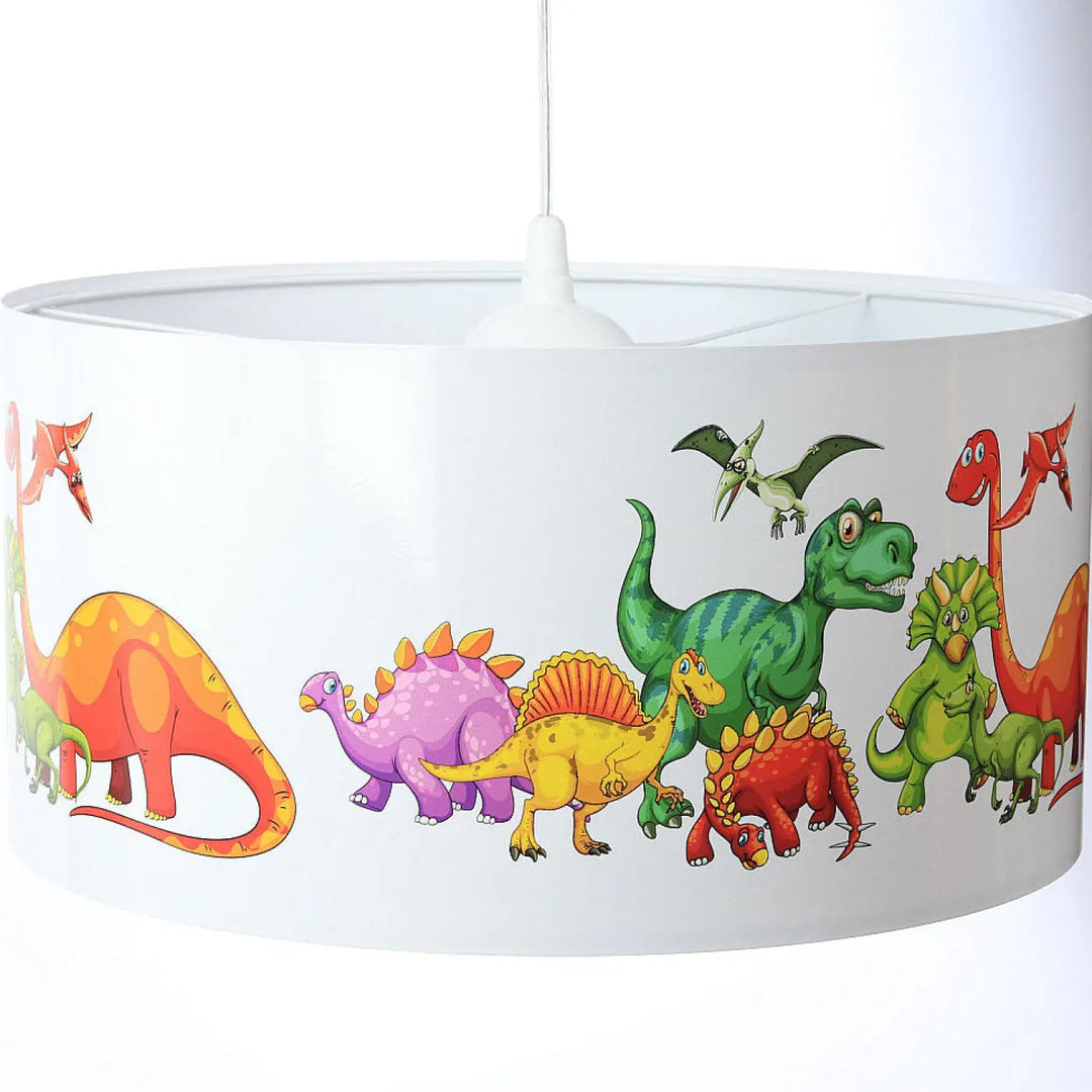 Suspension luminaire enfant blanc avec abat-jour cylindrique et illustration colorée de dinosaures pour chambre d’enfant