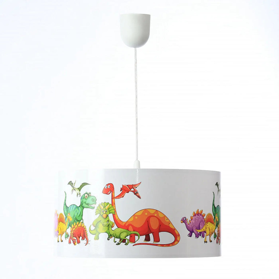 Suspension luminaire blanc cylindrique avec illustrations colorées de dinosaures pour luminaire enfant
