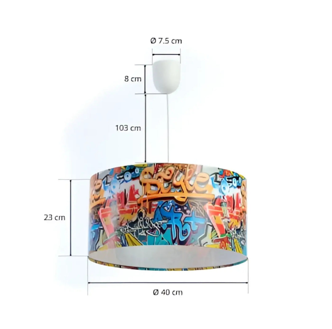 Suspension luminaire enfant cylindrique avec abat-jour graffiti coloré orange bleu noir sur fond blanc pour chambre enfant