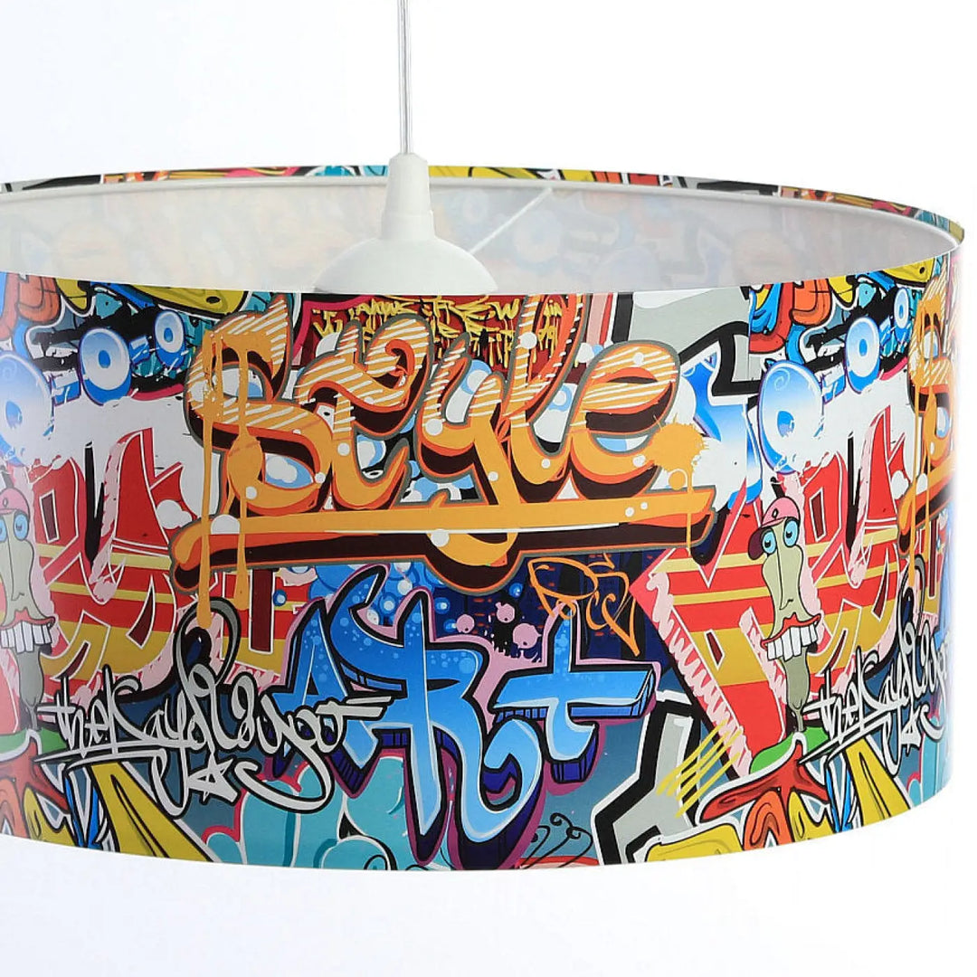 Suspension luminaire enfant avec abat-jour cylindrique graffiti vibrant orange bleu rouge pour décoration enfantine