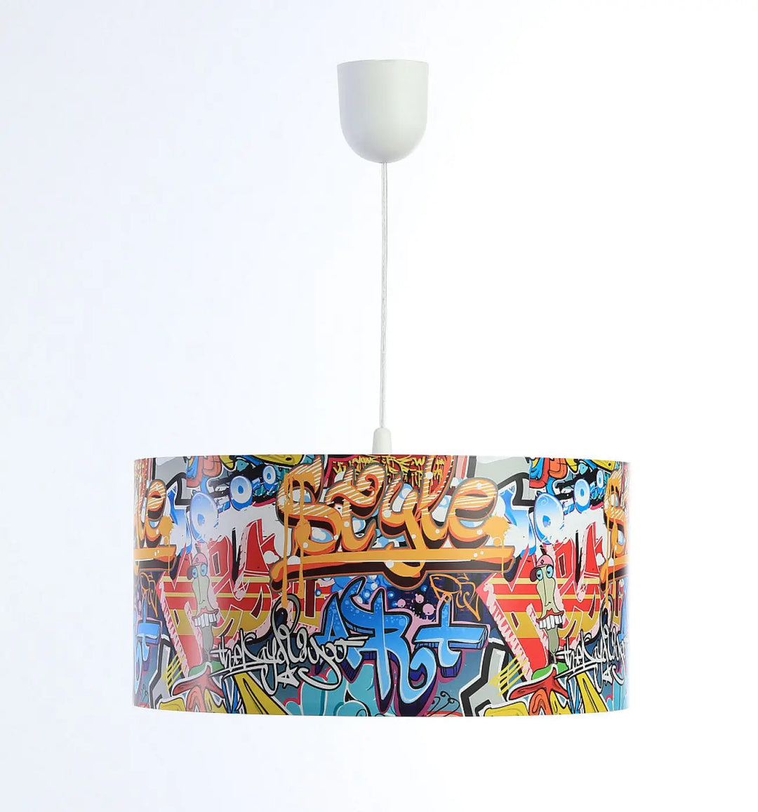 Luminaire suspension enfant cylindrique coloré avec motif graffiti vibrant et montage de plafond blanc