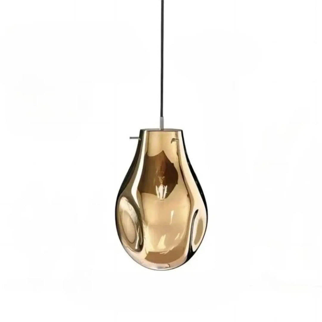 Suspension luminaire vulco en verre ambré brillant en forme de goutte avec suspension par cordon noir