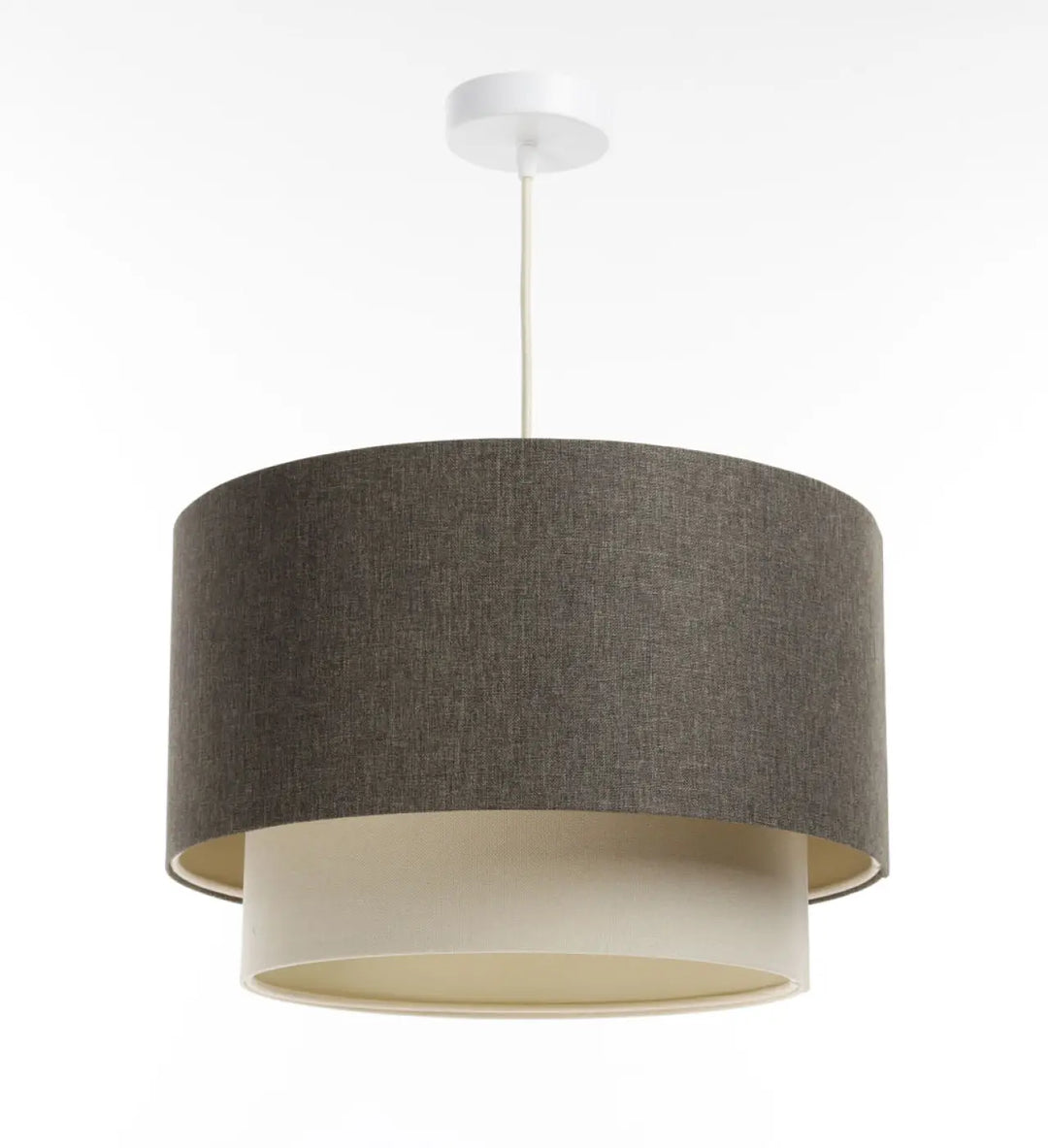 Suspension luminaire graphique duo boho elegant avec abat-jour texturé charbon et intérieur crème suspendu par corde blanche