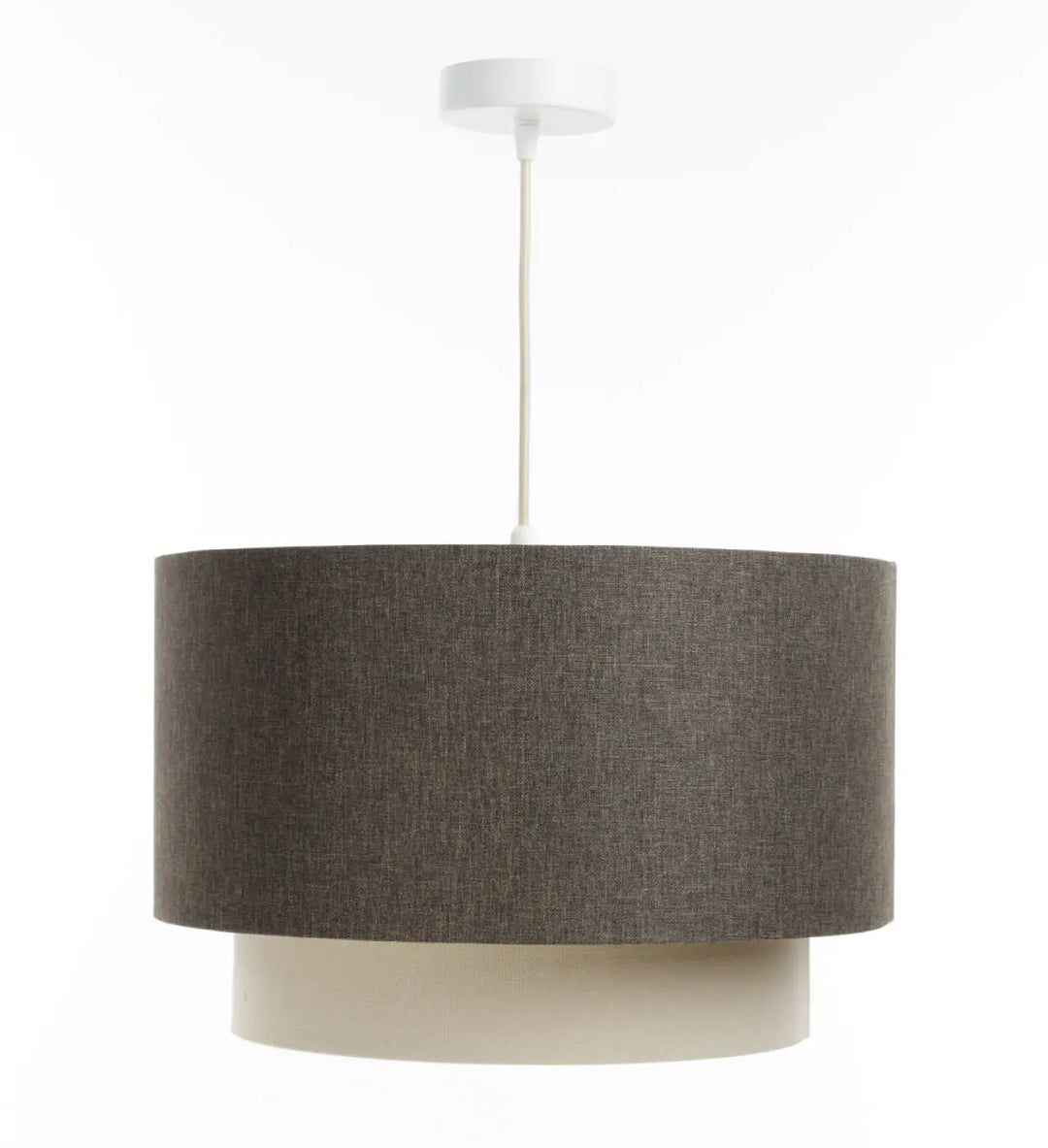 Suspension luminaire graphite duo boho elegant avec abat-jour en tissu charbon texturé à deux niveaux et base crème suspendue par cordon blanc