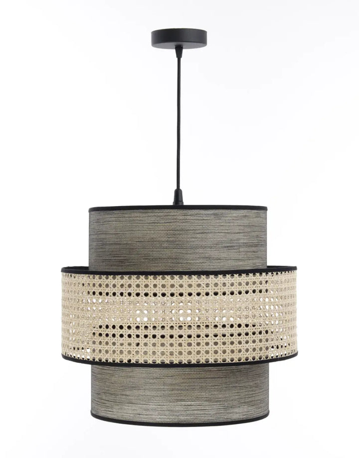 Suspension luminaire doblo rotin beige gris avec sections tissées gris texturé et anneau en rotin naturel pour plafonnier