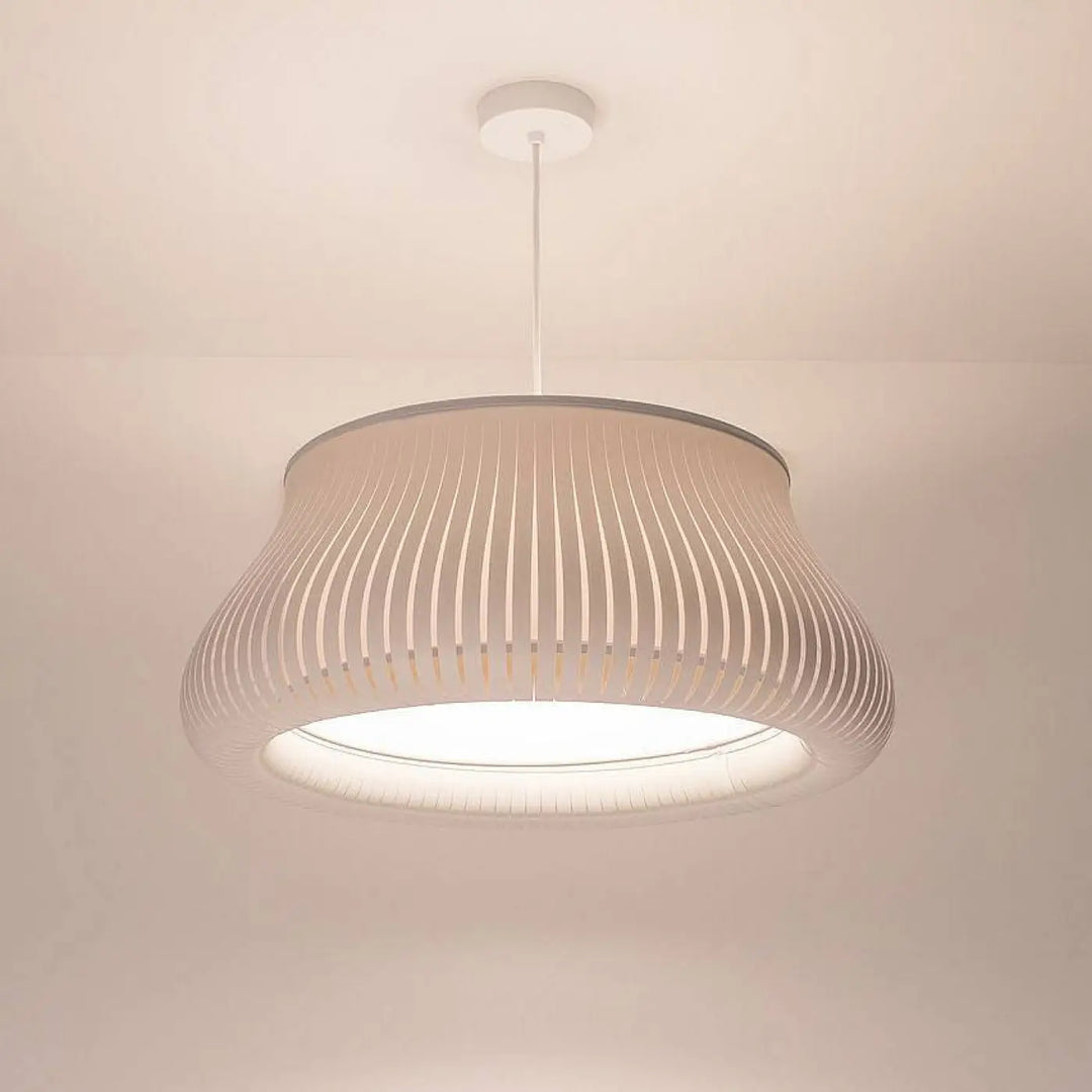Suspension luminaire oblo gris clair with a modern white ribbed cylindrical shade and sleek metal hardware light