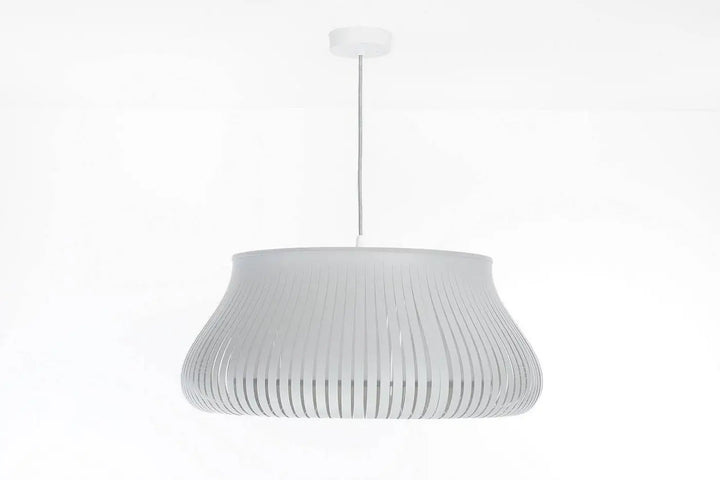 Luminaire suspension oblo gris clair avec abat-jour plissé blanc design moderne pour éclairage intérieur élégant