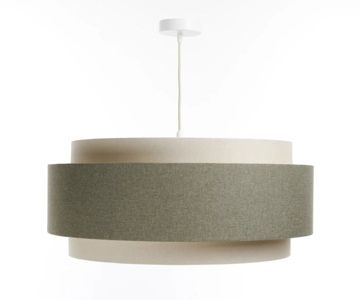 Suspension luminaire doblo boho elegant gris vert avec abat-jour en tissu texturé et anneaux intérieurs blanc crème