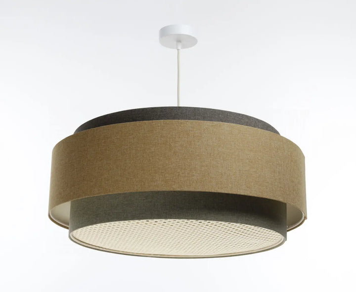 Suspension luminaire doblo boho elegant avec abat-jour tissu beige texturé et gris vert perforé pour décoration intérieure