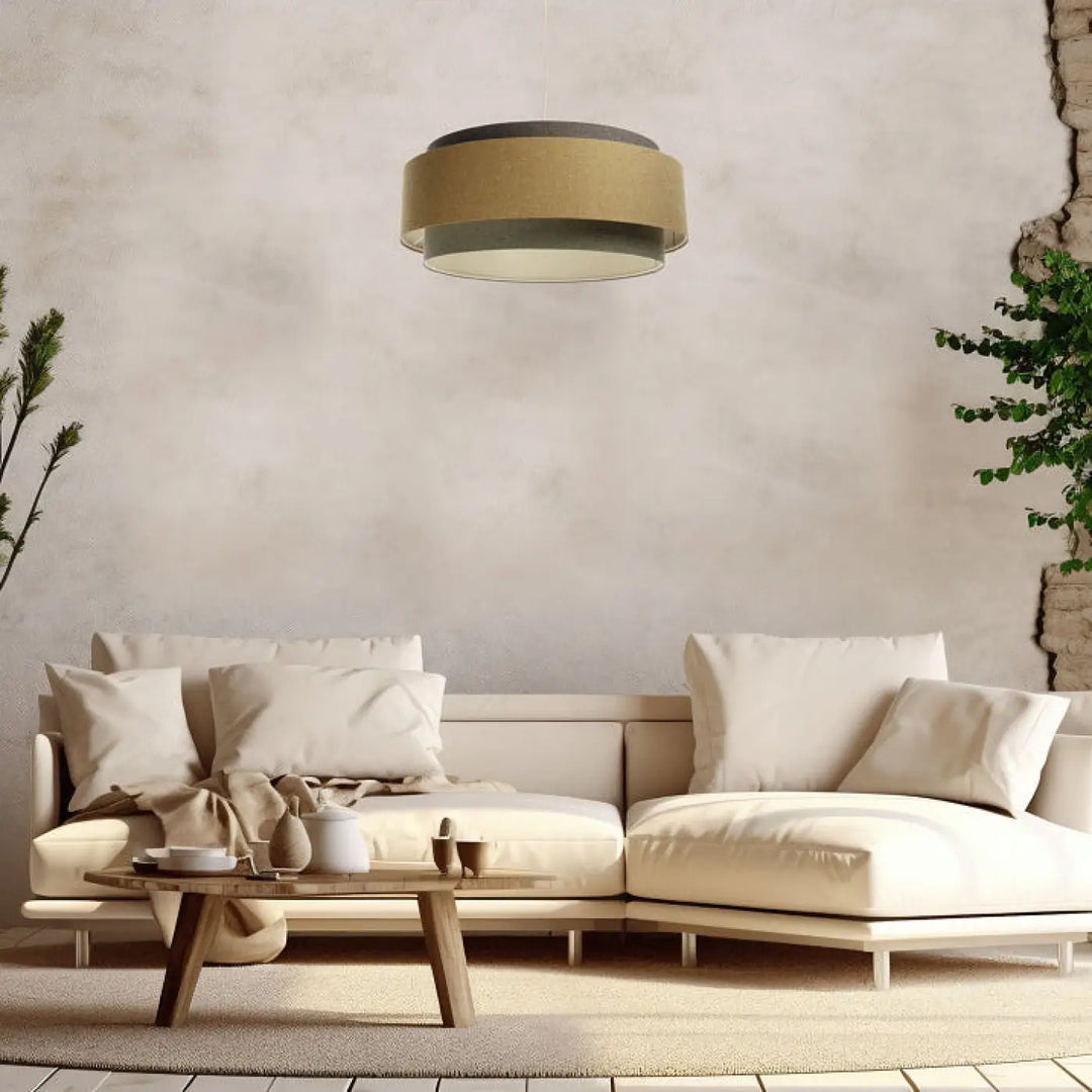 Suspension luminaire doblo boho elegant en gris vert avec abat-jour cylindrique en tissu beige et accents gris marron